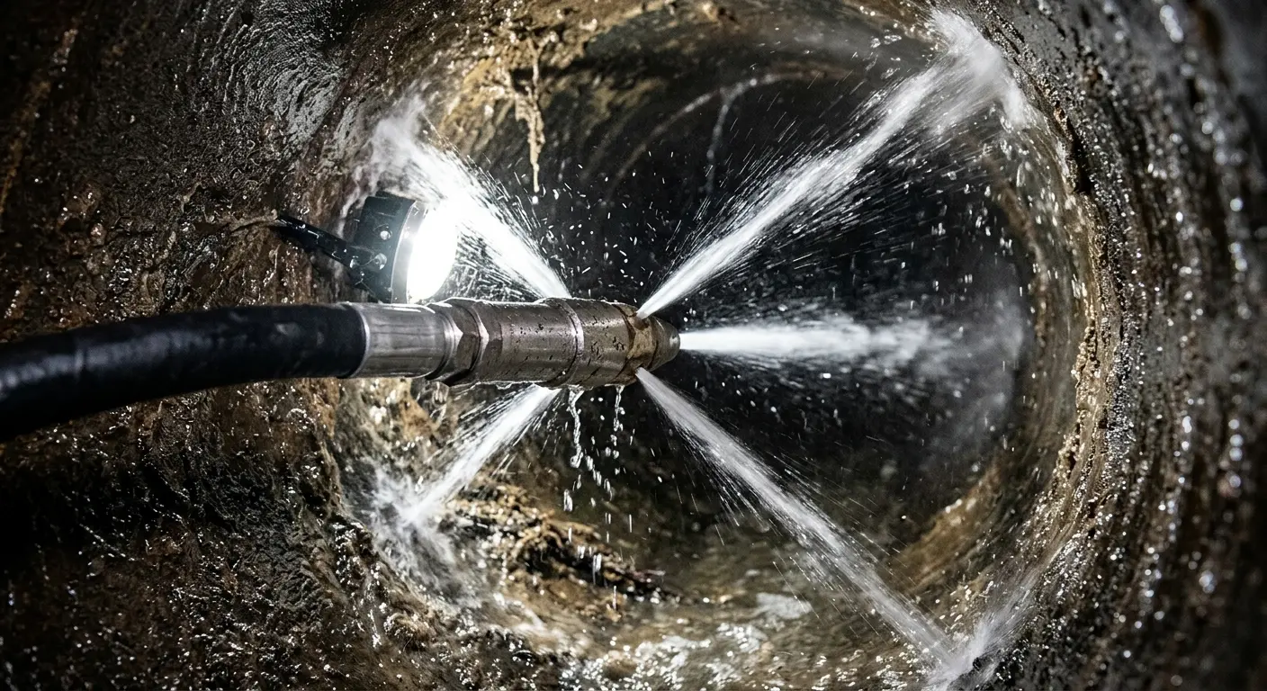High-pressure hydro jetting nozzle cleaning sewer pipe for Emergency Drain Service in Cedar Falls