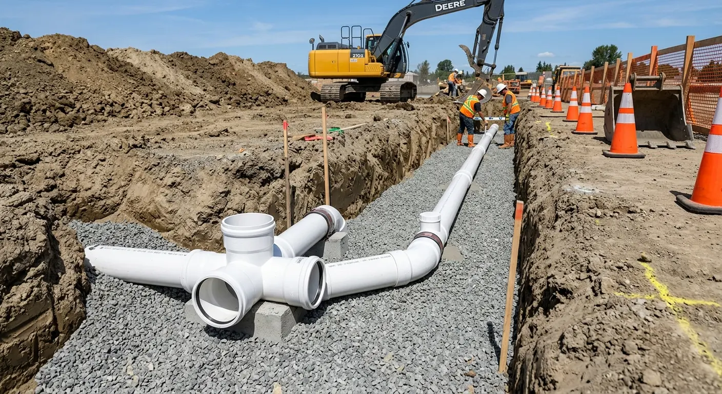 New PVC sewer pipe installation in open trench for Sewer Backup in Cedar Falls