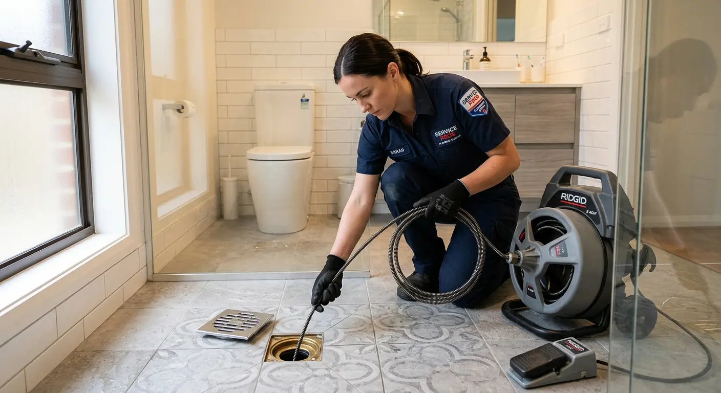 Technician clearing a bathroom floor drain for Drain Cleaning in Cedar Falls